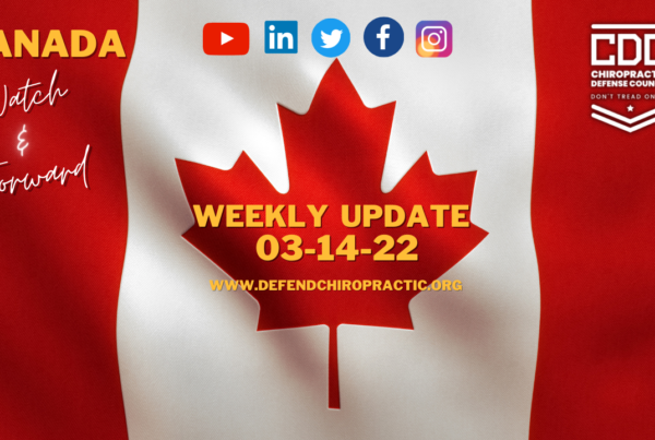 Canadian Flag with YouTube, LinkedIn, Twitter, Facebook, and Instagram logos at the top. The Chiropractic Defense Council Logo